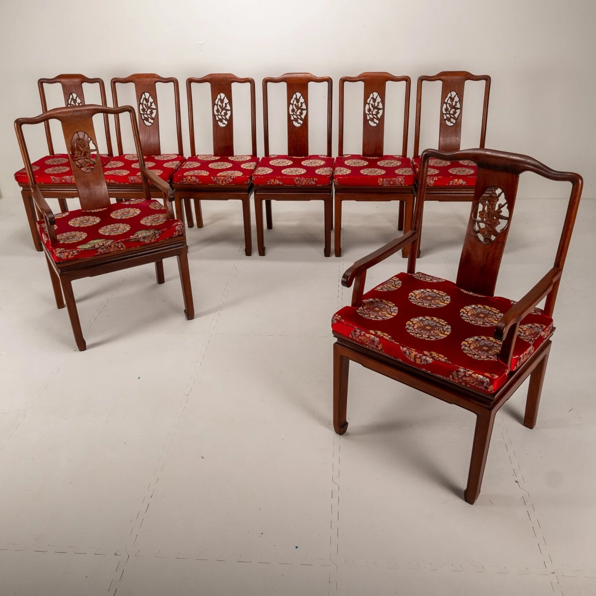 Vintage Chinese Solid Rosewood Ming Dinner Chairs Set of 8 W Extra Cushions