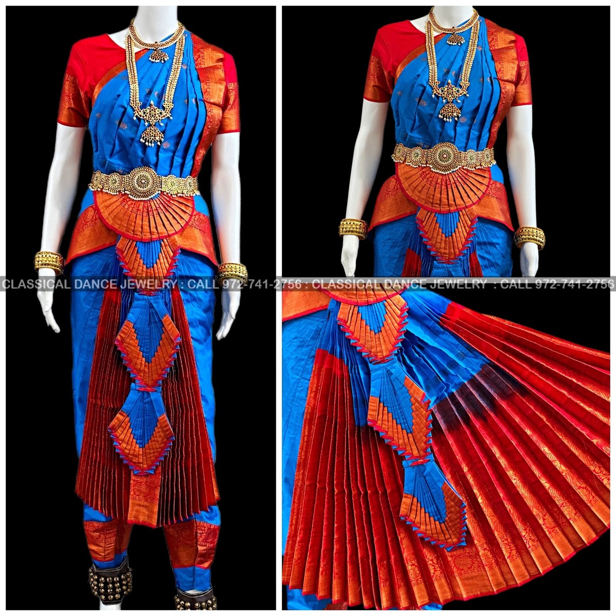 BLUE RED 40 Inch Pant Length Bharatanatyam Copper Zari Dance Costume | Art  silk | eBay
