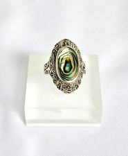 VTG Sterling Silver Abalone  Marcasite Ring Sz 6 1/4 Statement Jewelry 4.8Grams