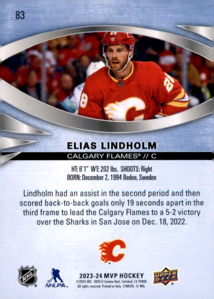 2023-24 Upper Deck MVP #83 Elias Lindholm - Image 2 of 2