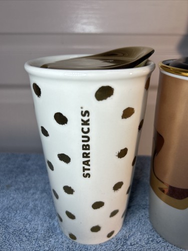 Starbucks 2018 Christmas Double Wall Abstract Wave & 10oz Gold Dot W/Ceramic Lid - Picture 3 of 10