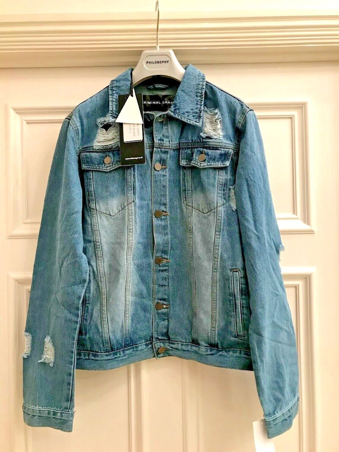 Criminal Damage Blue Denim Jacket Ripped Jono Jacket Large