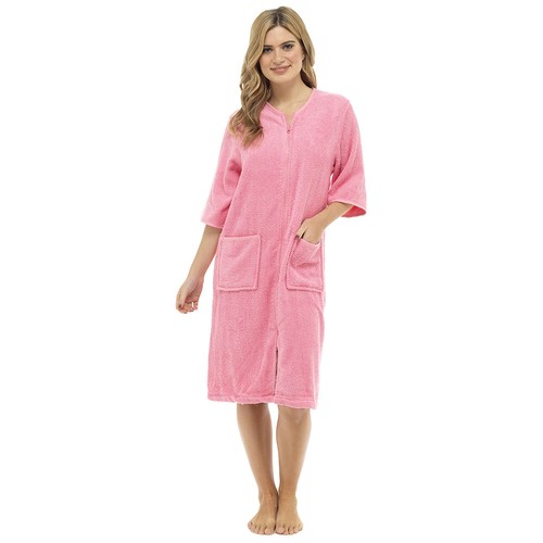 Womens Terry Towelling Zip / Button Through Dressing Gown Bath Robe Wrap 8 - 22 - Picture 15 of 20