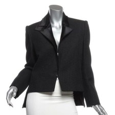 Lanvin Womens Black Tweed Blazer Jacket Satin Collar Structured Shoulder M