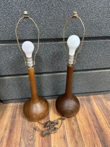 Very Rare --Pair of Danish teak lamps 18" Large MCM Table Lamps Tested WORKS - Picture 3 of 5