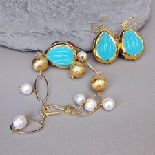Conjunto de aretes pulsera de jade azul perla patata blanca Rel joyería de diseñador
