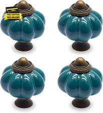 4Pcs Teal Pumpkin Knobs, Vintage Ceramic Cabinet Handles, Dresser Drawer Door Pu