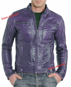 Lambskin Classic Hommes Purple Cuir Cafe Racer Moto Casual Veste d'hiver OutFit
