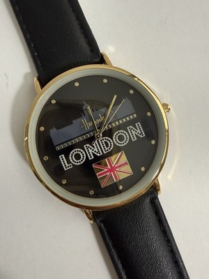Harrods London Watch HADS-003 Black Strap Union Jack Gold Tone Bezel New Box