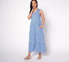 Denim & Co. Women's Petite Dress PXL Printed Linen Blend V-Neck Blue A643329