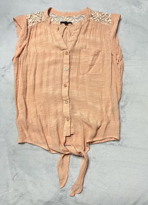 VTG MINE Anthropologie Lace Button Down Top L Orange Tied Bottom Rayon Blouse