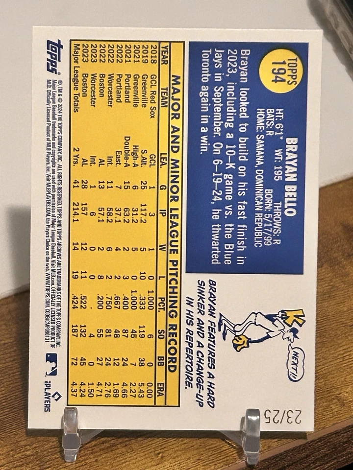 2024 Topps Archives BRAYAN BELLO BLUE FOIL /25 #194 RED SOX SP 1970 Design - Image 4 of 4