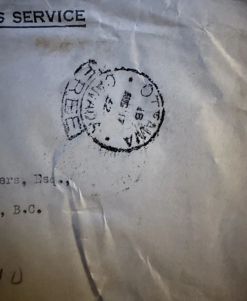 1932 Canadá OHMS cubierta registrada Ottawa-BC sello de cera departamento de asuntos exteriores Foto 4 de 4