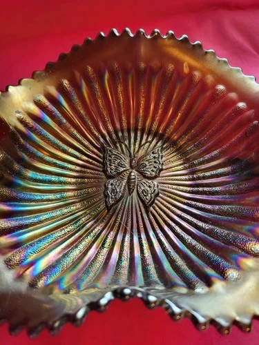 Antique 1908 Stamped Northwood Butterfly Scalloped Carnival Glass And Handles