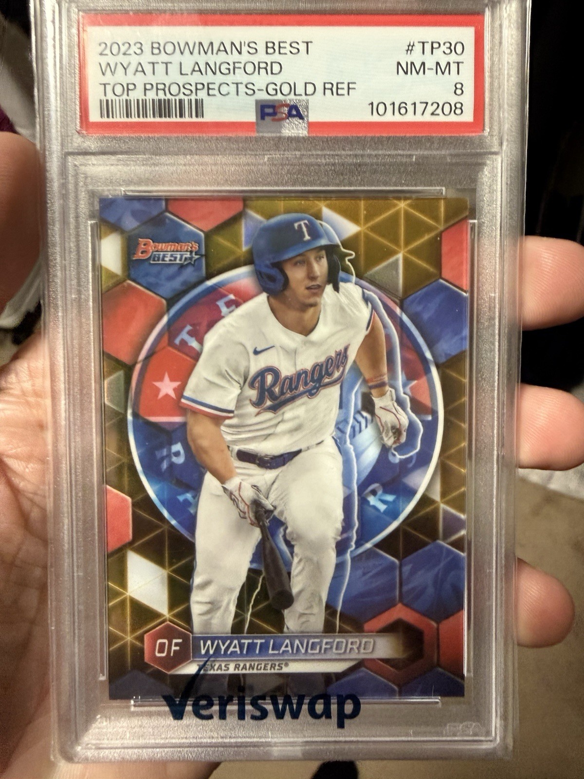 Topps 2023 Bowman's Best Top Prospects Wyatt Langford Gold Ref /50 #TP-30 PSA 8