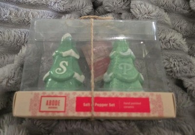 ABODE Salt & Pepper Christmas Trees Set Hand Painted Ceramic SUPER CUTE!!