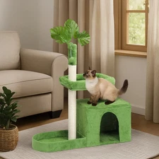 36" Indoor Portable Green Leaves Cat Tree Tower with Cat Scratching Post, Condo