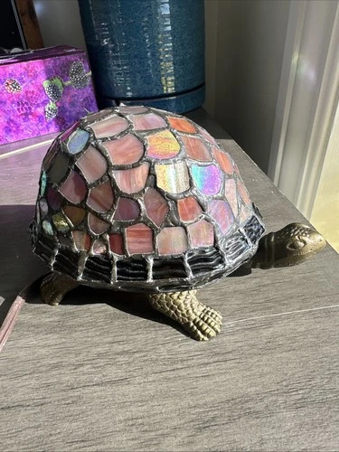 Dale Tiffany Stained Glass Turtle Lamp Vintage Bronze Table Light Mosaic Shell