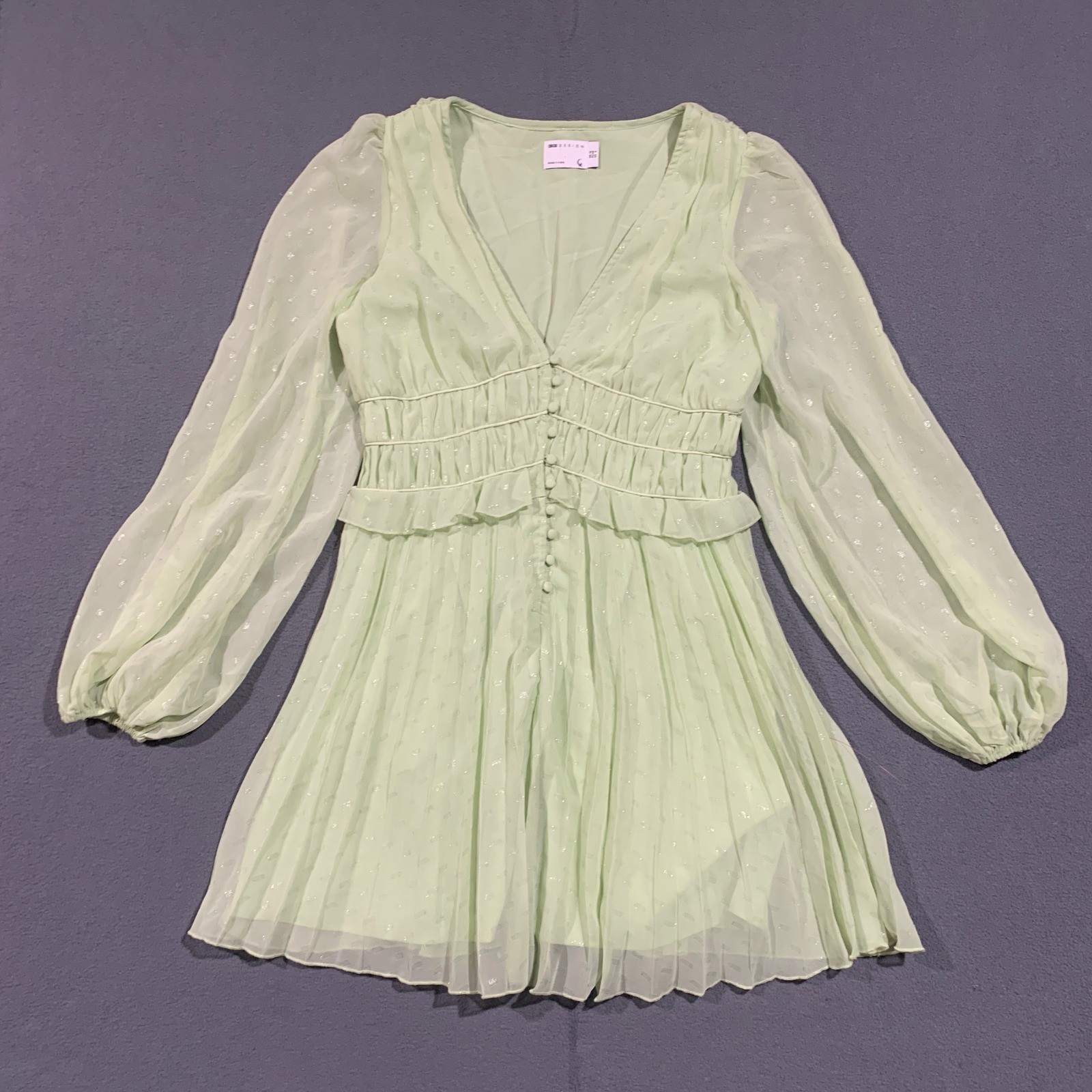 ASOS DESIGN Fairy Mini Dress Light Green Sheer Puff Sleeve Button Front Ruffle