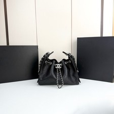Black Quilted Leather Bucket Bag, Silver Chain Drawstring Shoulder Handbag