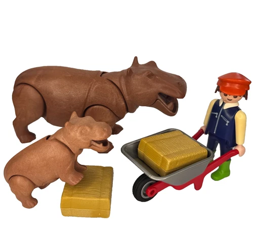 Playmobil 3639 Zookeeper & Hippos Vintage 90s COMPLETE Set Animals Toys Hay