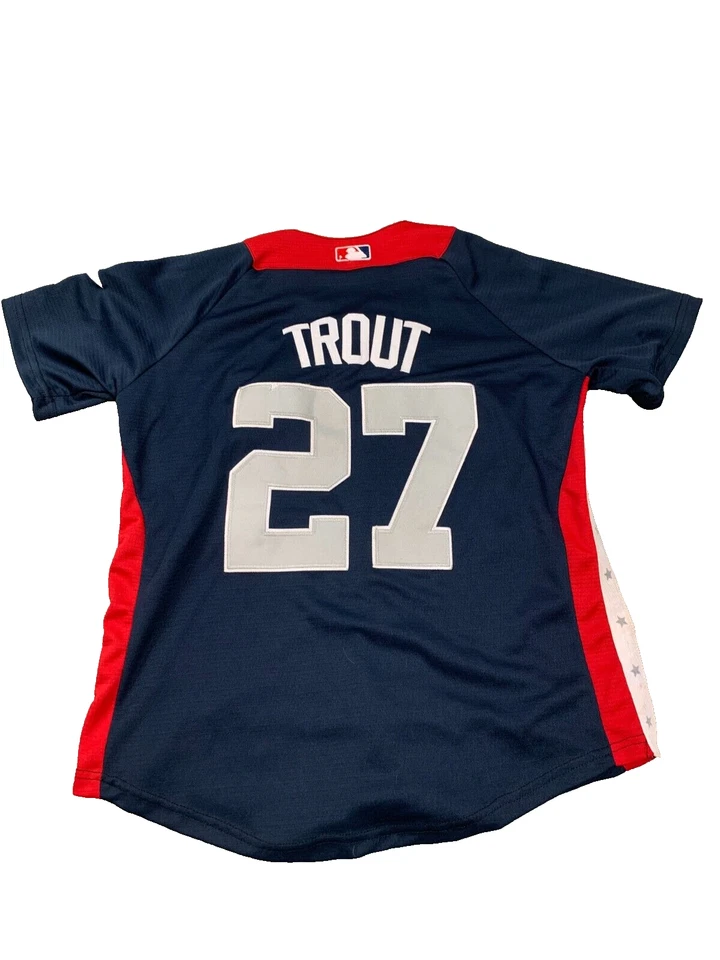 Camiseta Mike Trout #27 Juvenil Grande Azul Rojo MLB All-Star Majestic Cool Base Foto 2 de 4