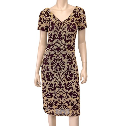 JS Collections Dress Women 2 Burgundy Tan Short Sleeve V Neck Knee Evening Party - Picture 1 of 12