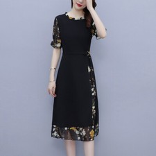 Lady Chiffon Floral Printed Midi Dress Patchwork A Line Casual Plus Size Dress