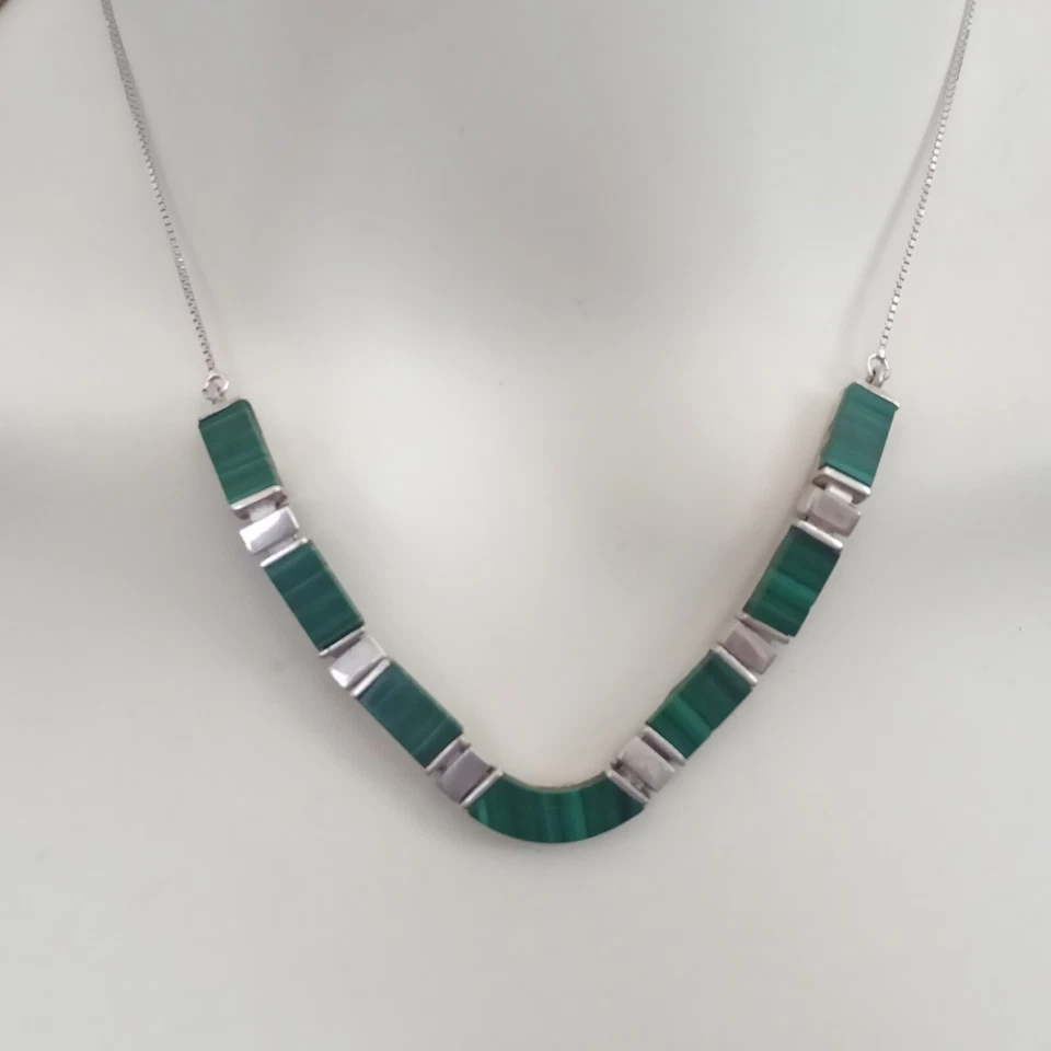 Collar Piedra Verde Vintage Malaquita Natural Modernista Años 70 Geométrico Barra Eslabón Foto 3 de 4