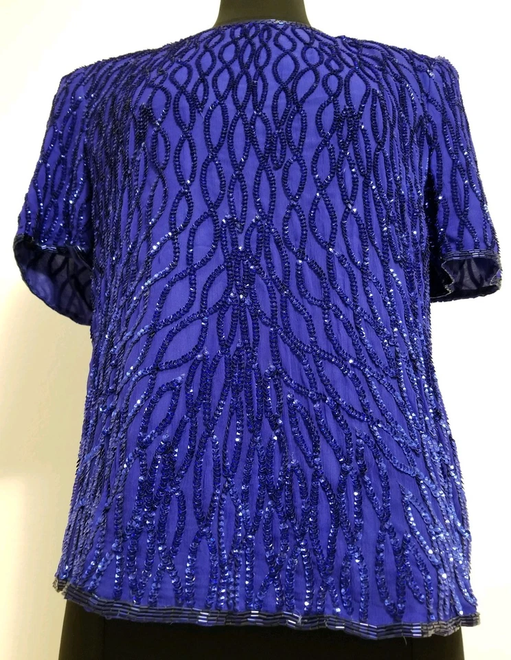 Blusa de diseño vintage azul cobalto lentejuelas con cuentas seda estructurada Laurence Kazar Foto 4 de 4