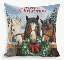 Horse Merry Christmas Double Sided Throw Pillow Cover Winter Holiday Home Decor