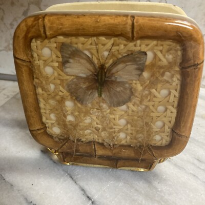 Vintage 1970s Lucite/Resin Napkin/Mail Holder W/Butterflies Bamboo MCM