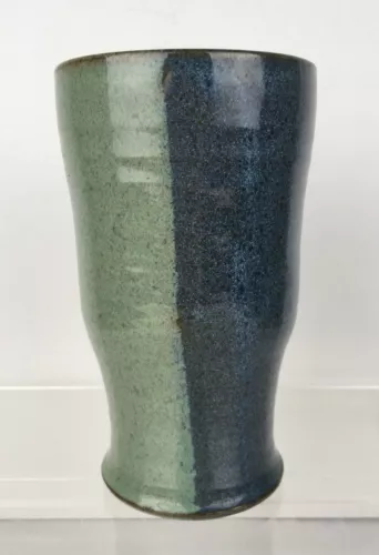 Art Studio Pottery Drinking Glass Tumbler Green & Blue Signed 6" tall Excellent