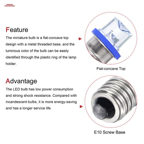 10Pcs E10 Screw Base LED Bulb DC3V 0.25W Hollow Head Mini Lights w Box Blue - Picture 4 of 7