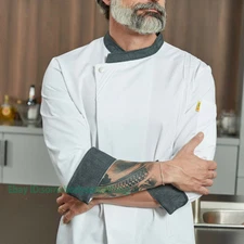 Men Women Chef Work Breathable Kitchen Gray Collar Long-Sleeved Chef Coat Jacket