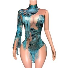 Women Blue Rhinestones Fringes One Shoulder Bodysuit Dancer Costume Stage Wear