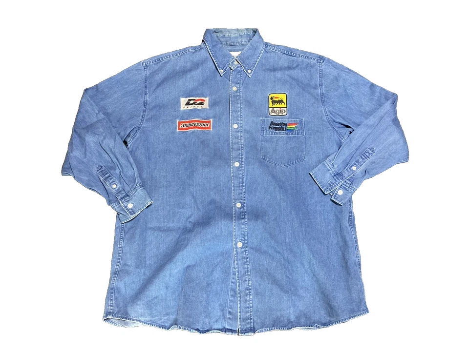 Benetton Formula 1 Racing Team Agip Button Down Denim Shirt Size L Vintage 90s - Image 2 of 4