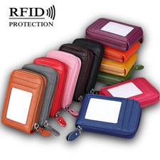 Men Leather Credit Card Holder RFID-Blocking Zipper Pocket Wallet with ID Window