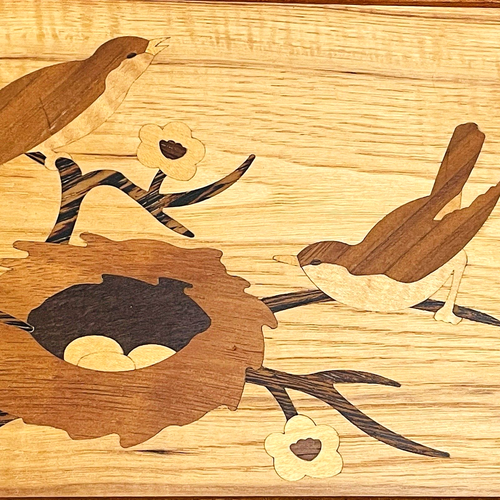 Intarsien Holz Intarsien Vintage Vogelnest 10,5" x 8,5" Baum Rotkehlchen Landhaus Kern - Bild 7 von 9