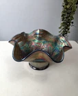 Beautiful Blue Iridescent Vintage Carnival Glass Ruffled Holly Hat Sweet Dish