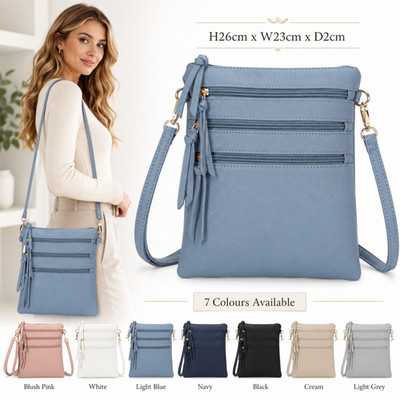 Damen Multi Reißverschluss Umhängetasche Synthetik Schulter Handtasche verstellbarer Riemen