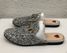 Gucci Princetown Silver Glitter Horsebit Logo Mules Loafers EU 36 US 6 L109