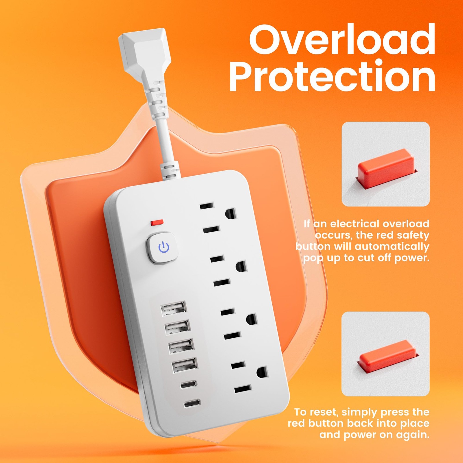Surge Protector Power Strip - Short Extension Cord with 4 AC Outlets 6 USB Po...