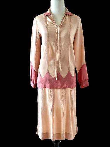 Vintage 20s Dress 1920s Pink Silk Art Deco Drop Waist Frock XS