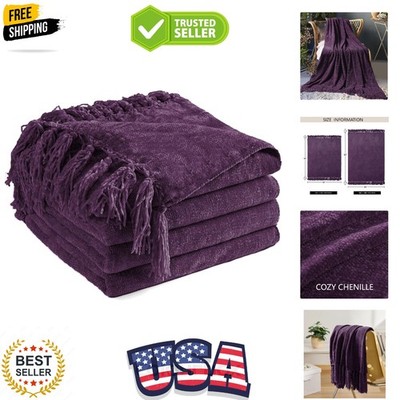 Boho Chic Chenille Throw Blanket with Fringe Tassels - 60''x80'' in Dark Purple