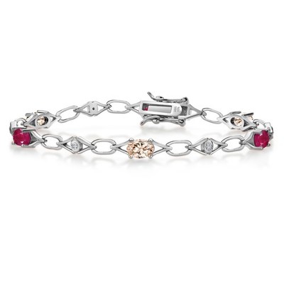 3.34 Ct  Peach Morganite Red Ruby 925 Sterling Silver Lab Grown Diamond Bracelet
