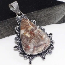 925 Silver Plated Exclusive Mexican Laguna Lace Pendant Gemstone 2.4" GW