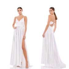 Ieena Mac Duggal White Satin Open Back Leg Slit Dress 55278 Wedding Reception 4