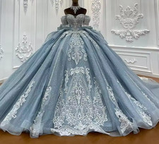 Blue Shiny Quinceanera Dress Ball Gown Off Shoulder Bead Crystal Corset Sweet 16