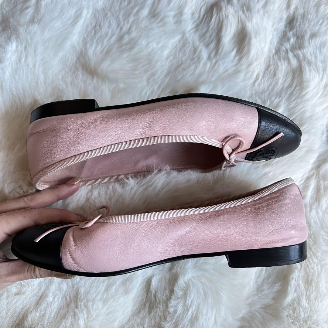 CHANEL Coco Mark Ribbon Ballet Flats Shoes Pink Black Size 23cm